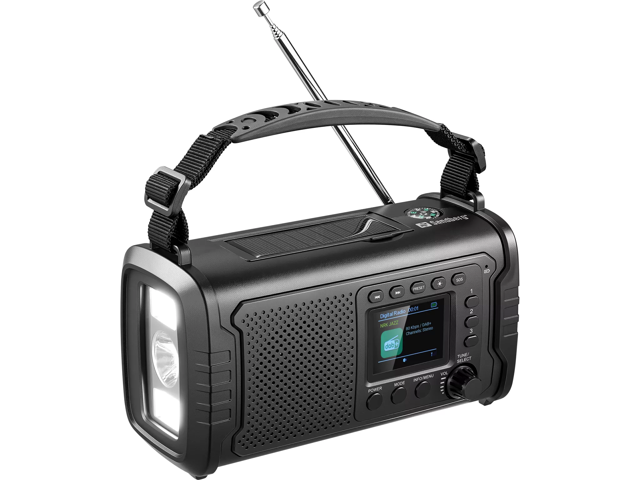 Sandberg Survivor DAB+ kriisiraadio 20 000 mAh akupanga, taskulambi ja päikesepaneeliga